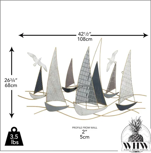 Vista 3 de WHW Whole House Worlds Veleros rústicos de regata, arte moderno abstracto, dorado, azul, gris y blanco, metal envejecido, escultura de pared, 42.5