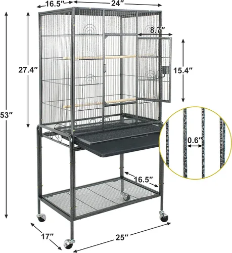 Vista 7 de Jaula grande de hierro forjado de 53 pulgadas con soporte rodante, jaulas para pájaros para cacatúas, color gris africano, agapornis, pinzón canario