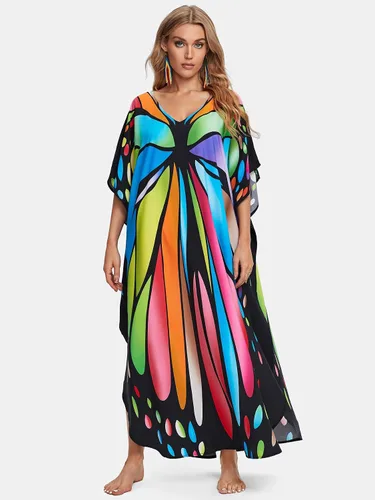 Vista 5 de Vestido RanRui largo hasta el piso, caftán, con botones, para playa, para mujer