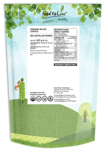 Vista 2 de Food to Live Lentejas negras orgánicas, 8 onzas, sin OMG, legumbres secas enteras, crudas, germinables, kosher, veganas, legumbres a granel, negro