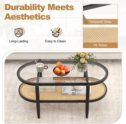 Vista 6 de Giantex Mesa de centro de ratán, mesa de té de madera ovalada de 2 niveles con mesa de vidrio templado y estante de almacenamiento de ratán de Negro