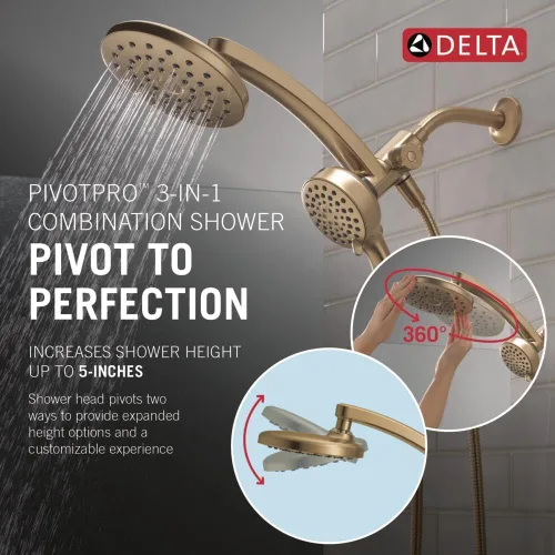 Vista 2 de Delta Cabezal de Ducha Combinado PivotPro 3 en 1 de 6 Ajustes con Rociador ProClean, Cabezal de Ducha Redondo Dorado Cepillado Tipo Lluvia