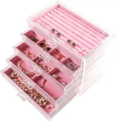 Vista 14 de Frebeauty Caja de joyas extra grande de acrílico para mujeres y niñas, organizador de aretes de terciopelo transparente de 5 capas con 5 cajones