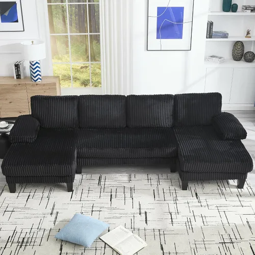 Vista 16 de Sofá seccional en forma de U de gran tamaño con asiento profundo de pana con marco de madera maciza, sofá modular cómodo moderno con reposabrazos