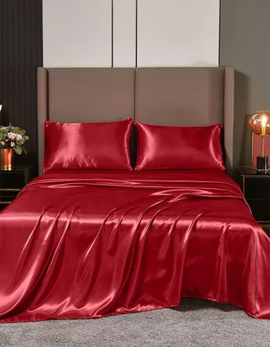 Vista 26 de Juego de sábanas de satén de seda de 4 piezas Sábana bajera Sábana encimera Funda de almohada Calidad de hotel sedoso suave y lujoso
