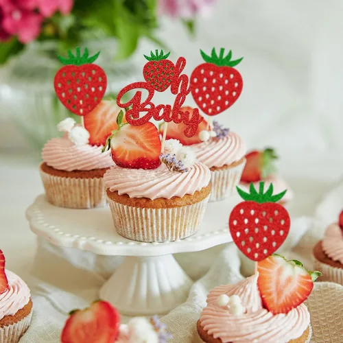 Vista 5 de 24 piezas de decoración de cupcakes con purpurina de fresa Oh Baby con temática de frutas, baby shower, para revelación de género, baby shower