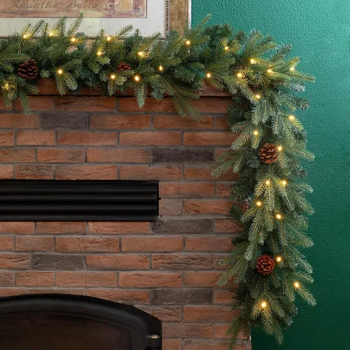 Vista 19 de Glitzhome - Guirnalda de Navidad de 9 pies con luces, guirnalda de Navidad para repisa, guirnalda de Navidad artificial preiluminada con conos