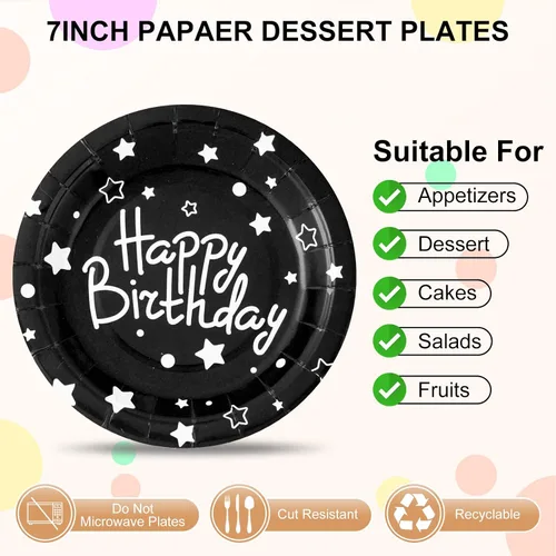 Vista 2 de Platos de papel de fiesta de feliz cumpleaños, platos de postre negros, 7 pulgadas, 50 unidades, lunares de aluminio para decoraciones de fiesta