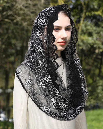Vista 6 de Mantveil Velos de Iglesia Católica para Mujeres Vintage Negro Blanco Rosa Floral Encaje Mantilla Capilla Velo Latino Mass Head Coverings