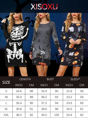 Vista 5 de XISOXU Disfraz sexy de Halloween para mujer, diseño de esqueleto, divertido, calabaza, murciélago, manga larga, cosplay, fiesta, baile
