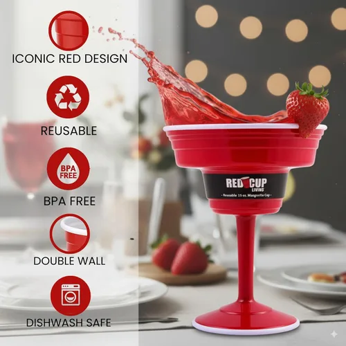 Vista 6 de Red Cup Living Vasos de margarita de plástico reutilizables con tallo de 15 onzas, tazas de cóctel inastillables, copas de fiesta duraderas