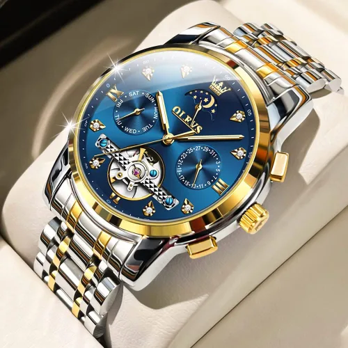 Vista 2 de OLEVS Men Automatic Watch Skeleton Moon Phase Dial Luxury Dress Stainless Steel Strap 5 Hands Diamond Men Wrist Watches