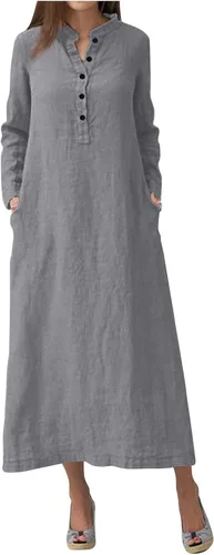 Vista 6 de Maxi vestido largo liso para mujer, de algodón caftán, manga larga, vestido de gran
