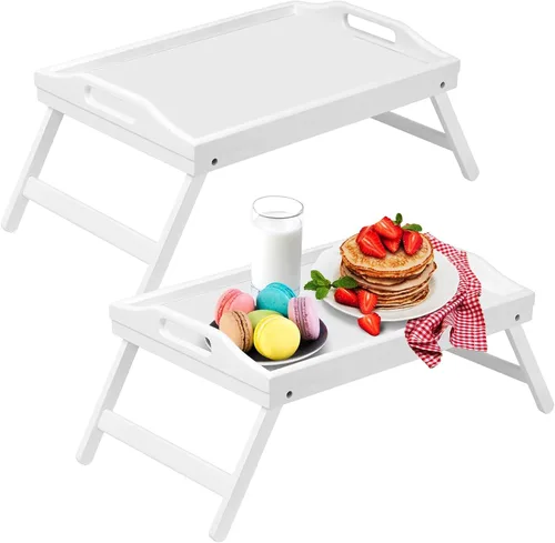 Vista 13 de Artmeer Mesa Bandeja de Cama con Patas Plegables, Bandeja de Desayuno de Bambú con Asas Ideal para Sofá, Cama, Comer, Trabajar, Usada Como