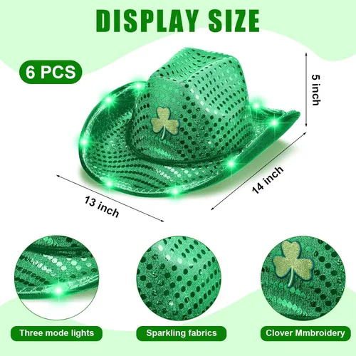 Vista 2 de Silicherry Paquete de 6 sombreros de vaquero de trébol de San Patricio con luz LED, sombrero de vaquera verde trébol, sombrero irlandés