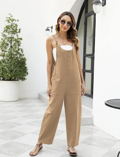 Vista 5 de Omoone Overol de algodón y lino para mujer, estilo casual, con tirantes de corbata, pechera, holgado, pierna ancha con bolsillos