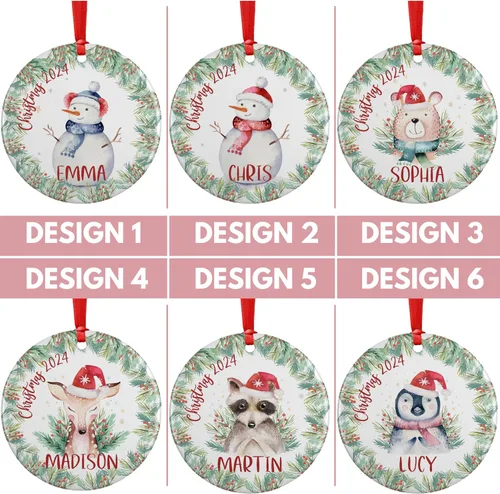 Vista 2 de Adorno de Navidad personalizado para niños con nombre y fecha, 6 diseños, metal personalizado de 3 pulgadas, aluminio, adorno de Navidad redondo