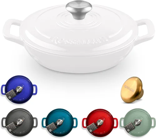Vista 12 de ROSSALLINI Brasera de Hierro Fundido Esmaltada Signature, Olla de Servir Antiadherente con Tapa de Cierre Hermético para Asado Perfecto, Horneado