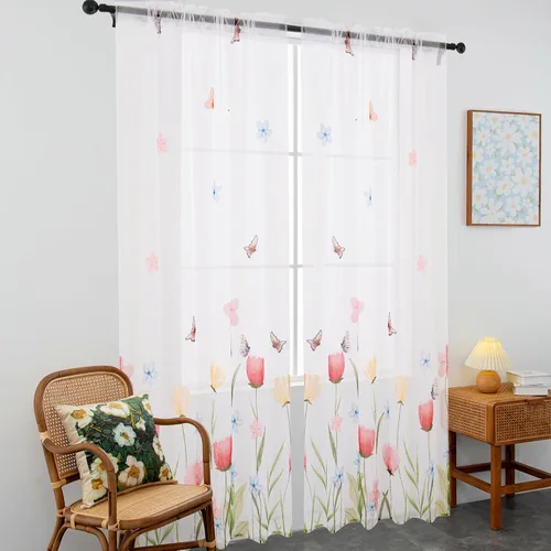 Vista 5 de youleyar Cortinas traslúcidas florales para sala de estar, 2 paneles de 54 pulgadas de largo, cortinas semitransparentes blancas con estampado