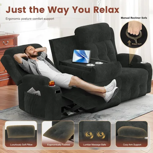 Vista 33 de Sofá de Dos Plazas Reclinable, Sofá Reclinable de Masaje con Gran Capacidad de Peso, Silla de Dos Plazas para RV en Liquidación con Consola, USB