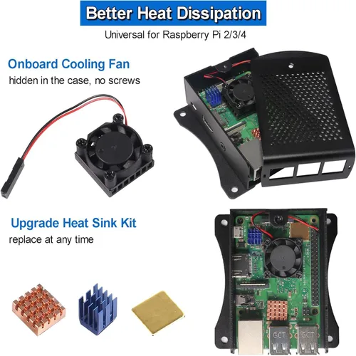 Vista 3 de Caja de metal para Raspberry Pi 3 para RPi 3, carcasa protectora de aluminio, carcasa montada en la pared con doble ventilador de refrigeración