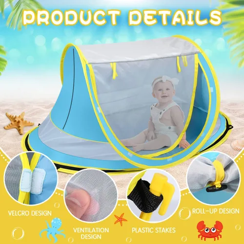 Vista 4 de Baby Beach Tent,Large Pop Up Beach Tent Sun Shade for Beach,Portable Baby Travel Tent with Mosquito Net,Indoor Baby Play Tent,UPF 50+ UV Protection