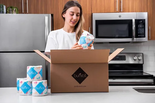 Vista 10 de 24 rollos de papel higiénico Bumroll reciclado y sostenible, suave, absorbente y ecológico, ideal para el hogar, la oficina y los baños, seguro