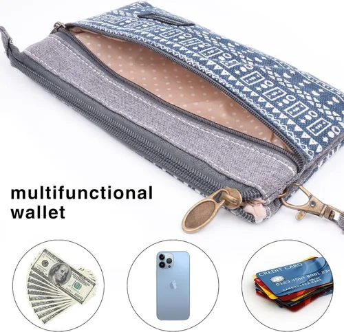 Vista 5 de LassZone - Bolso de nailon para mujer, con tres cremalleras, para teléfono móvil, tarjeta, efectivo, monedero, billetes