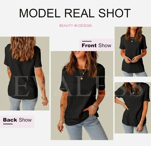 Vista 3 de EVALESS Camisetas de manga corta de verano para mujer, de moda, holgadas, casuales, sexy, cuello redondo, de algodón, básicas, camisetas