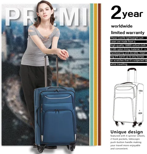 Vista 3 de Coolife Juego de equipaje de 3 piezas maleta Spinner Softshell ligero Negro rojo