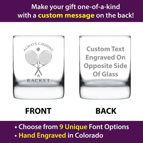 Vista 2 de Custom Causing A Racket – Vidrio de rocas de whisky personalizado – Decoración divertida temática de tenis y regalos – Vasos de 10.25 onzas