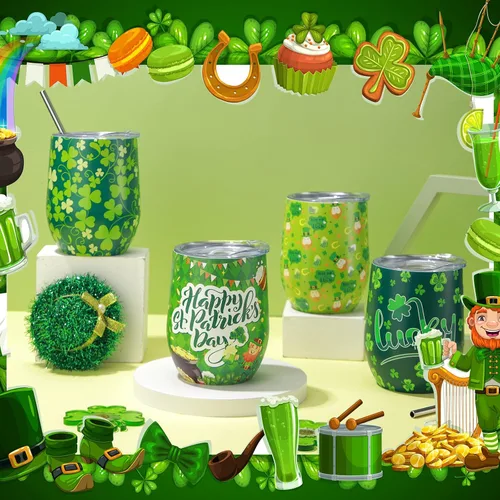 Vista 6 de Zopeal 4 vasos de vino del Día de San Patricio, tazas de café de acero inoxidable de 12 onzas, regalos irlandeses para mujeres y hombres, vasos