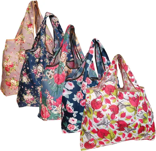 Vista 8 de allydrew Bolsas grandes plegables de nailon reutilizables para comestibles, paquete de 5