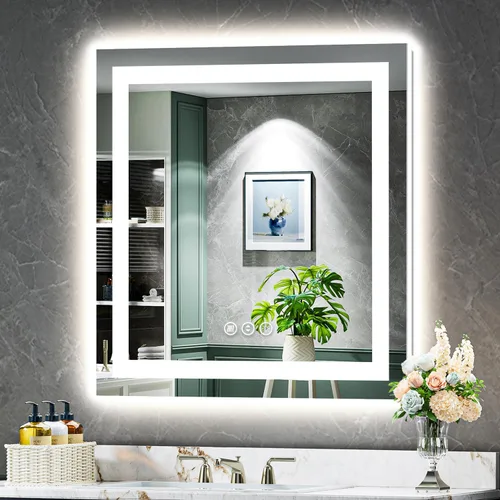 Vista 39 de Espejo de baño LED de 24x30 pulgadas con luces, espejo de tocador frontal y retroiluminado para pared de baño con 3 colores, regulable