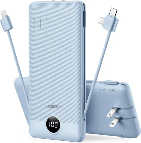 Vista 13 de VEGER Cargador portátil para iPhone con cables integrados y enchufe de pared, batería externa de carga rápida de 10,000 mAh delgada con USB C