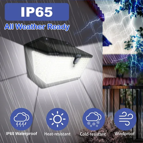 Vista 6 de Luces solares para exteriores, 266 LED con sensor de movimiento y 3 modos de iluminación, IP65 impermeable, 5 lados de luz gran angular de 220°