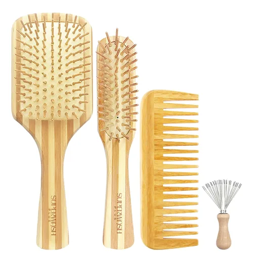 Vista 10 de Juego de cepillos de cabello para mujeres y hombres, cerdas de bambú natural, cepillo de paleta plana para cabello húmedo y seco, desenredante