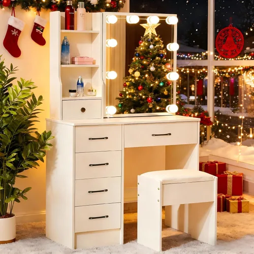 Vista 11 de Tocador blanco escritorio de maquillaje w/LED espejo deslizante taburete tocador tocador tocador