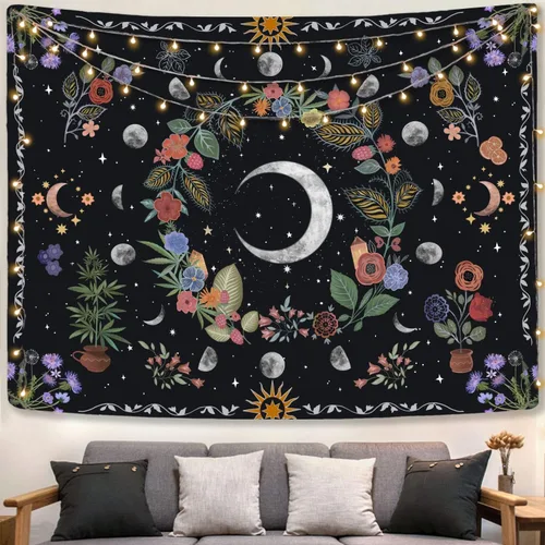 Vista 11 de Kanuyee Tapiz Floral de Luna Tapiz de Flores para Dormitorio Tapices Bohemios para Colgar en la Pared Estético para Dormitorio y Sala de Estar Luna