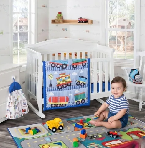 Vista 6 de EVERYDAY KIDS Juego de cama de 4 piezas para cuna de niños - Tren Choo Choo - Incluye edredón, sábana ajustable, volante antipolvo y apilador