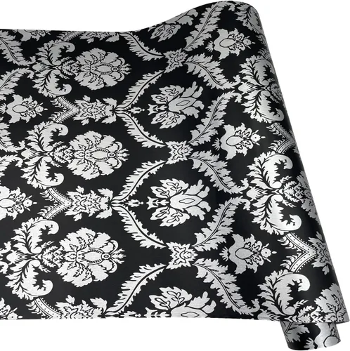 Vista 2 de Yifely SimpleLife4U - Revestimiento decorativo de papel de damasco plateado para cajones de estantes, color negro, para despegar y pegar, 17 x 118
