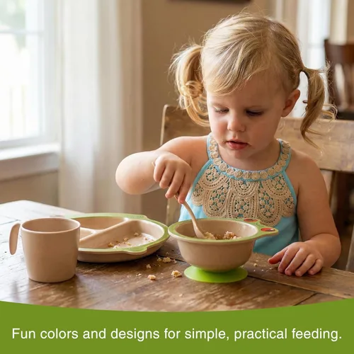 Vista 6 de Refresh-A-Baby Juego de alimentación ecológico de cáscara de arroz para niños, 4 piezas, incluye plato dividido, ventosa, cuchara, taza, sin BPA