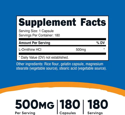 Vista 2 de Nutricost L-Ornitina 500mg; 180 Cápsulas (2 Botellas)