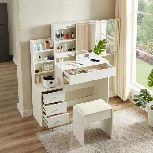 Vista 9 de Anwick - Tocador de maquillaje, escritorio de tocador de moda con espejo y luces, tocador de maquillaje con cajones y estantes, tocador blanco