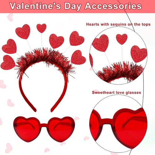 Vista 3 de Pick Valley Diadema de corazón y lentes de sol con corazón rojo con antena de corazón rojo para boda del día de San Valentín
