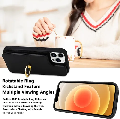 Vista 6 de Funda tipo cartera para iPhone 12 y 12 Pro con soporte para tarjetas, rotación de 360°, soporte de anillo de dedo con función atril, protección