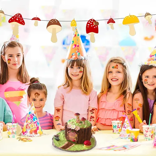 Vista 7 de (144 unidades) Calcomanías de tatuajes temporales de hongos para fiesta de hongos, suministros de decoración de fiesta de cumpleaños, regalos