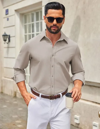 Vista 11 de COOFANDY Camisa de vestir casual de mezclilla con botones y manga larga para hombre