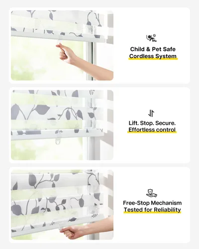 Vista 3 de LazBlinds Persianas estilo cebra sin cordones para ventanas, con patrón de doble capa para máxima privacidad y control de la luz, elegantes