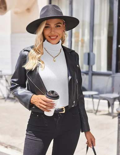 Vista 6 de Ekouaer Camisas de cuello alto para mujer, de manga larga, suéter de punto acanalado, camisetas térmicas, ligeras, tallas S-XXL